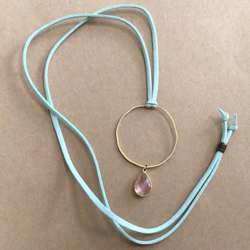 New handcrafted Sundance charm necklace blue suede cord pink stone pendant - Picture 5 of 6
